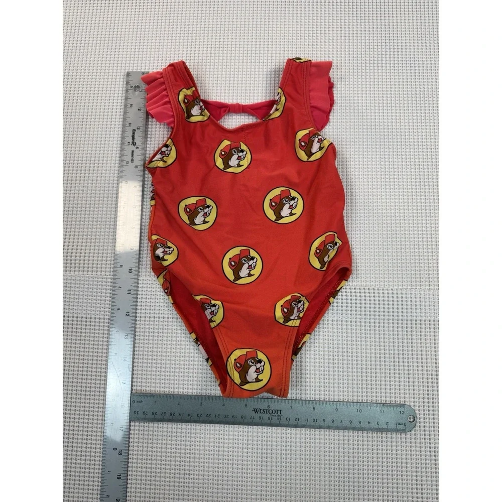 Buc-ee's Baby Swimsuit 12-18M One Piece Red Beaver Print Girls Ruffle Cute